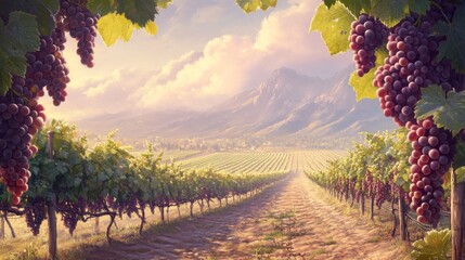 Naklejka premium Grapes ripening vineyard landscape photography early morning aesthetic view breathtaking vineyard scene