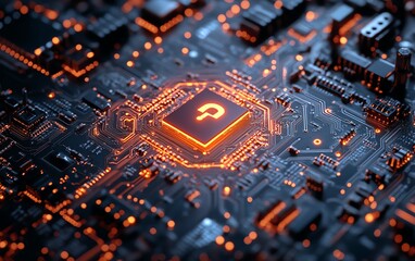 Cybersecurity concept closeup of a circuit board with a glowing padlock at the center, orange and blue glowing effects, zerotrust network protection, ultrarealistic, 8K UHD