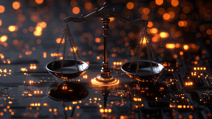 digital balance scale stands amidst glowing circuitry, symbolizing intersection of technology and justice. warm orange lights create futuristic and thought provoking atmosphere