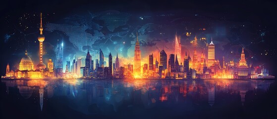 Fototapeta premium Detailed digital world map made of iconic colorful landmarks and buildings from different cultures