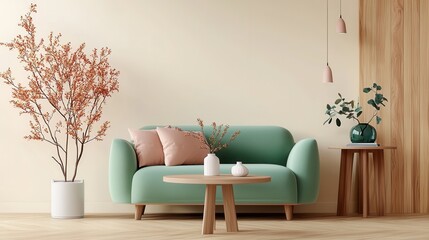 Cozy living room decoration with pastel green sofa indoor modern