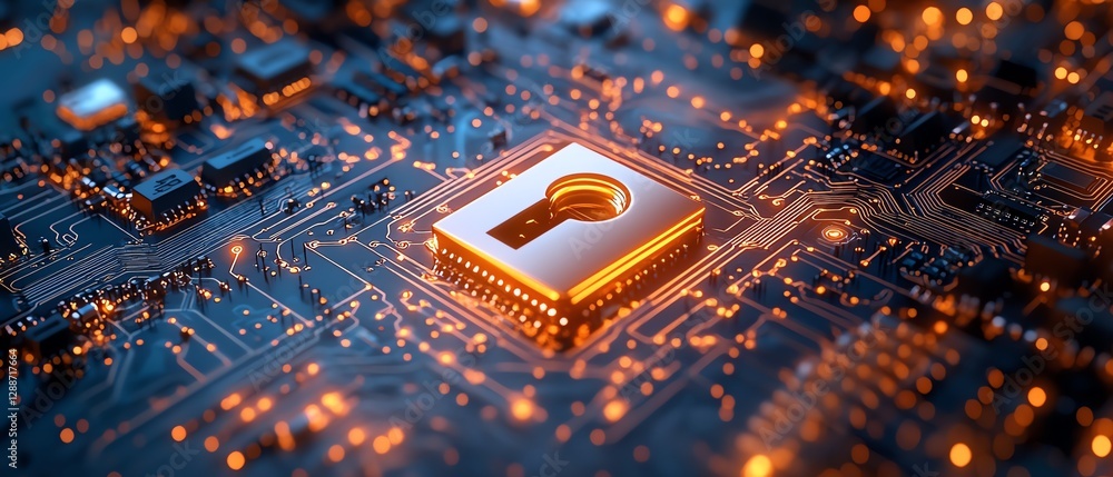 Poster digital closeup of a circuit board with a secure glowing padlock in the center