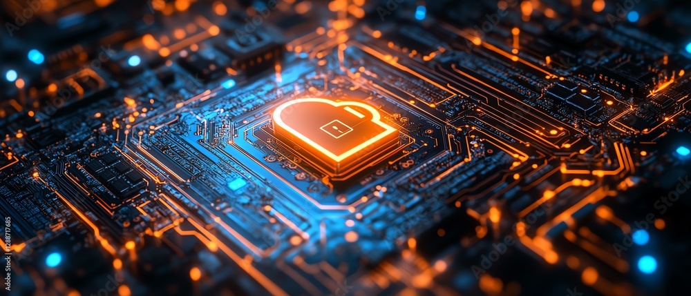 Poster digital closeup of a circuit board with a secure glowing padlock in the center