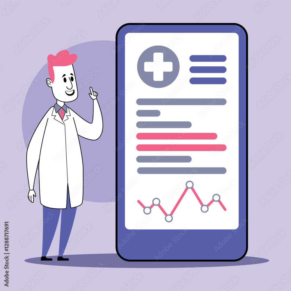 Poster health professional in lab coat gesturing while pointing to health data displayed on mobile device