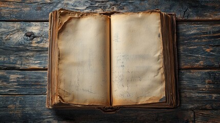 Old Antique Book with Blank Pages on Rustic Wooden Table
