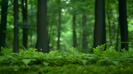 Lush Green Forest Floor with Ferns and Moss