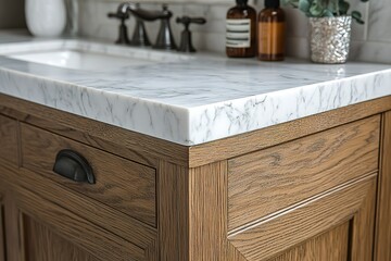 Close-up showcases a modern bathroom vanity with a marble countertop and wooden cabinets blending natural materials in sophisticated design