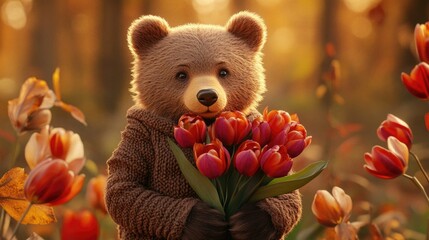 Cute bear in sweater holding red tulips in autumn forest setting. March 8, International Women's Day. Mother's Day. Spring