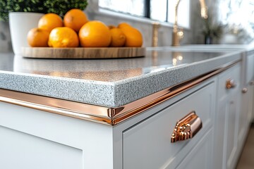 Stylish kitchen countertop with copper trim and fresh oranges a blend of modern design and natural elements for a vibrant culinary space