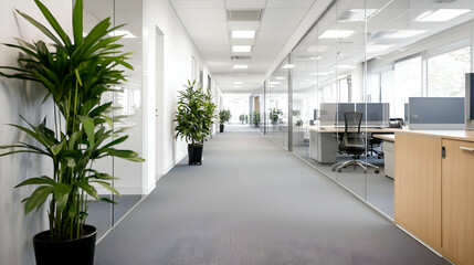 Fototapeta premium Modern Office Corridor with Glass Partitions and Greenery