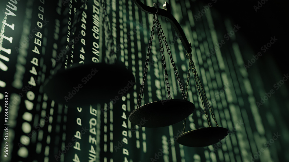 Poster digital representation of justice scales against backdrop of green binary code, symbolizing intersec
