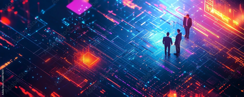 Poster dynamic isometric view of miniature executives standing at the heart of an illuminated data web, ana