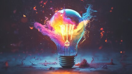 A light bulb is lit up in a colorful explosion of smoke