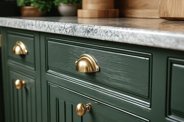 Close up of a green painted wooden cabinet with brass hardware and granite countertop showcasing kitchen cabinetry details
