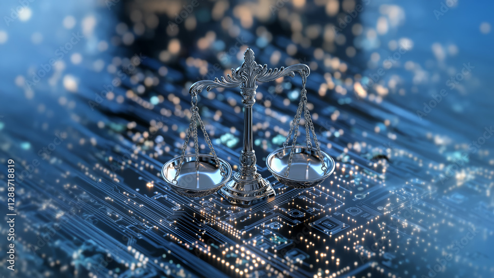 Poster silver balance scale stands on digital circuit board, symbolizing intersection of technology and jus