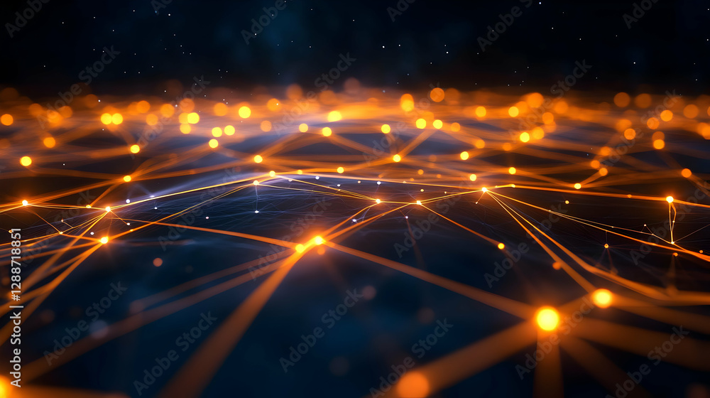 Poster abstract network connections glowing with orange light against a dark background, representing data 