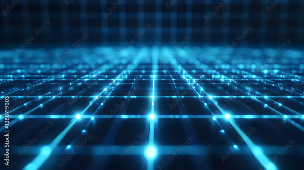 Wall mural neon blue grid with soft depth of field and a glowing perspective effect