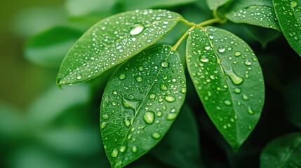 Fresh green leaves with water droplets glistening.