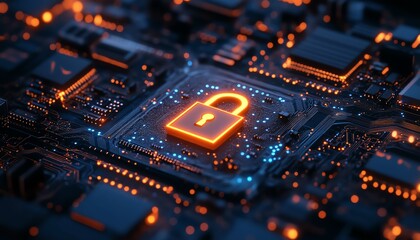 Obraz premium Futuristic closeup of a circuit board with a glowing padlock in the center, orange and blue lights symbolizing zerotrust security, modern tech concept, high detail, 8K ultraHD