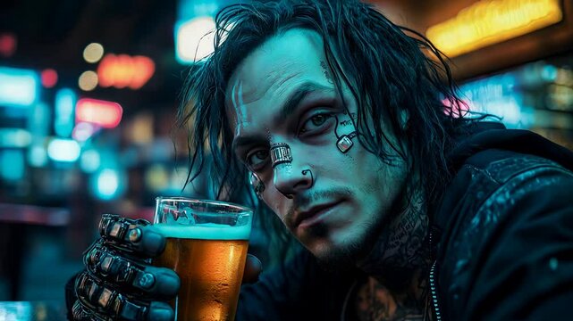 a handsome cyberpunk man sitting at the food court outside on a neon lit street and drinking a beer, looking at camera. very serious facial expression.