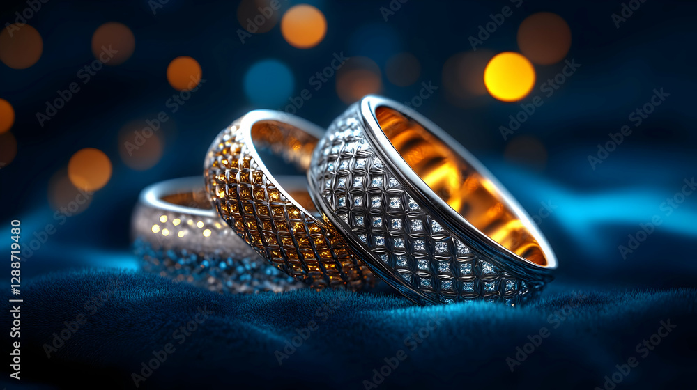 Poster an elegant display of sparkling rings on a soft surface, illuminated by warm bokeh lights, perfect f