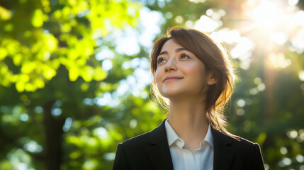 young businesswoman in suit smiles while standing outdoors, surrounded by lush green trees and sunlight filtering through leaves, creating serene and uplifting atmosphere