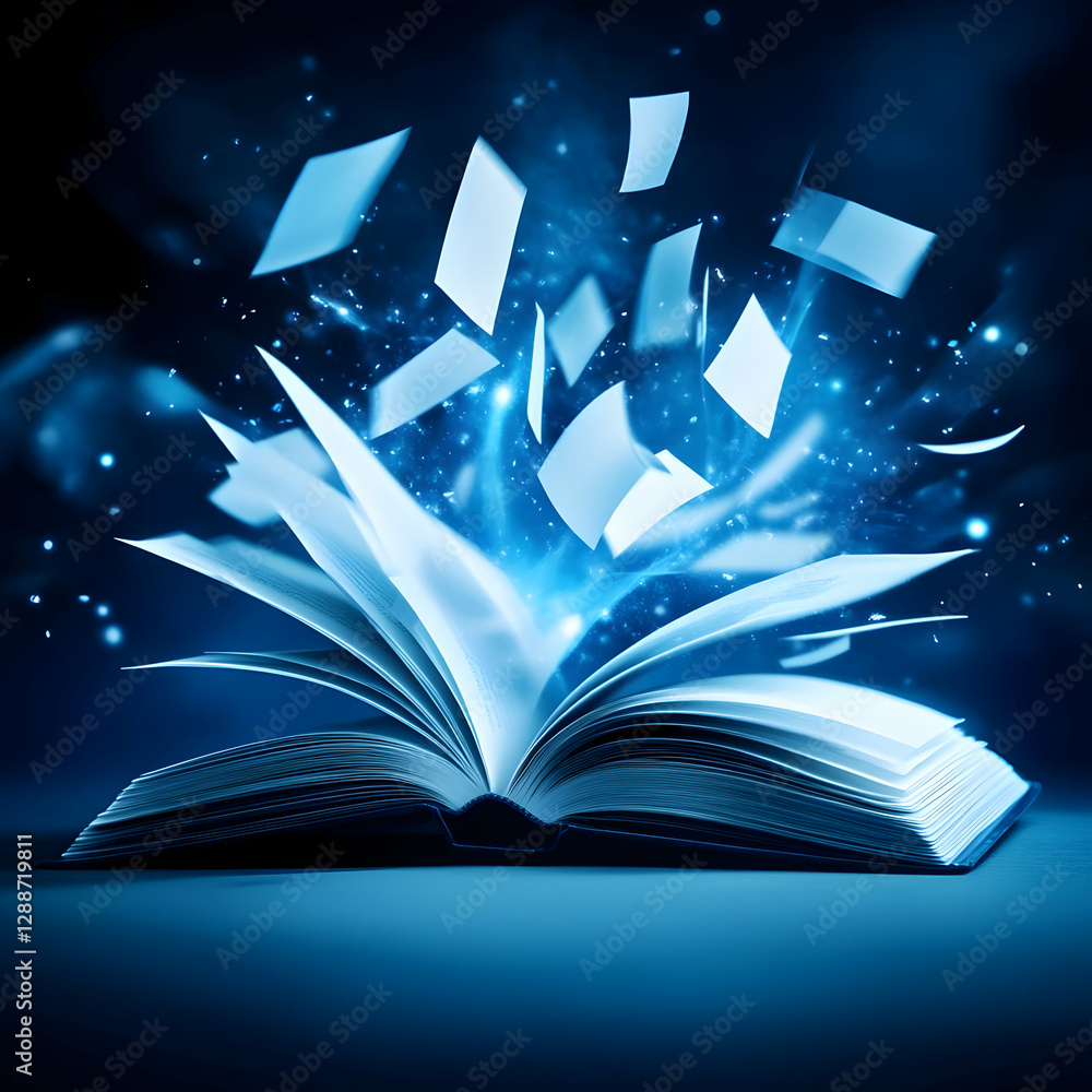 Poster an imaginative representation of an open book with glowing pages, symbolizing knowledge and creativi