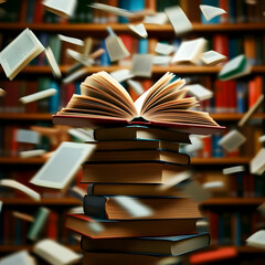 Obraz premium An imaginative scene of books in motion, symbolizing the joy of reading and the adventure within every page, inspiring creativity and knowledge.