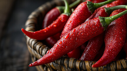 Mexican Red Chili Peppers &ndash; Macro Close-Up with Morning Dew on Rustic Woven Basket for Spicy Culinary Designs and Food Photography
