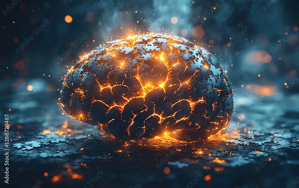 Poster intricate 3d rendering of a human brain formed from jigsaw puzzle pieces, glowing neural connections
