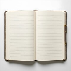 Open notebook with a pen on a white background. Generative AI