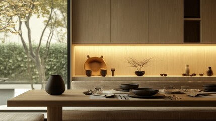 Minimalist dining room, wooden table, Japanese decor, garden view, serene setting