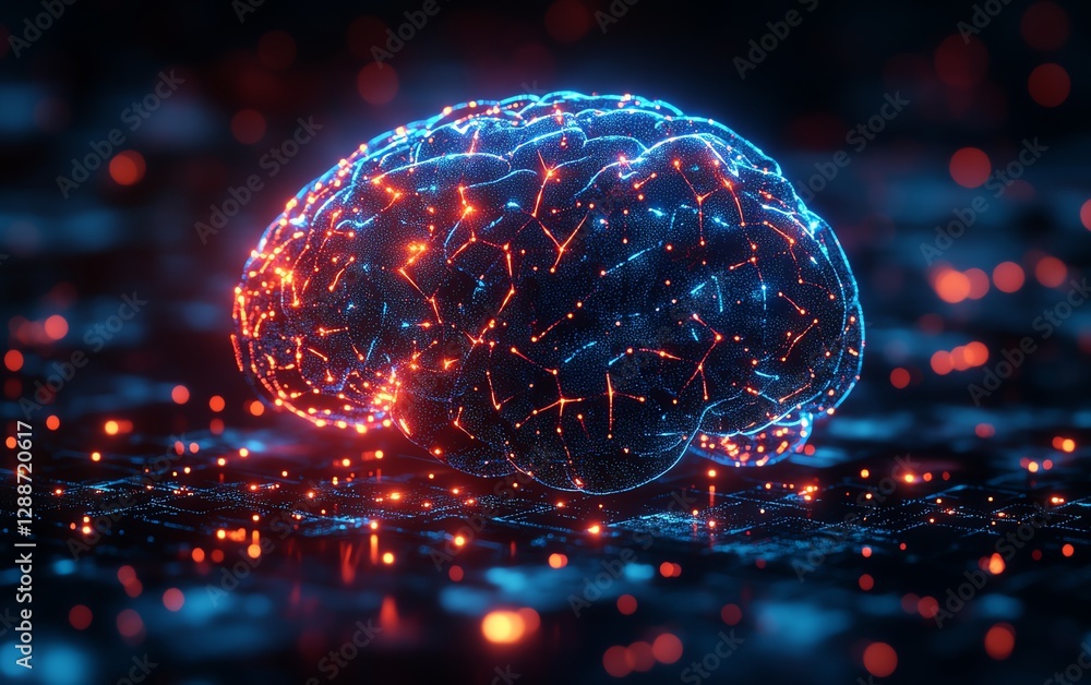 Poster intricate 3d rendering of a human brain formed from jigsaw puzzle pieces, glowing neural connections