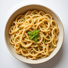 Ceramic dish with pasta on a white background. Generative AI