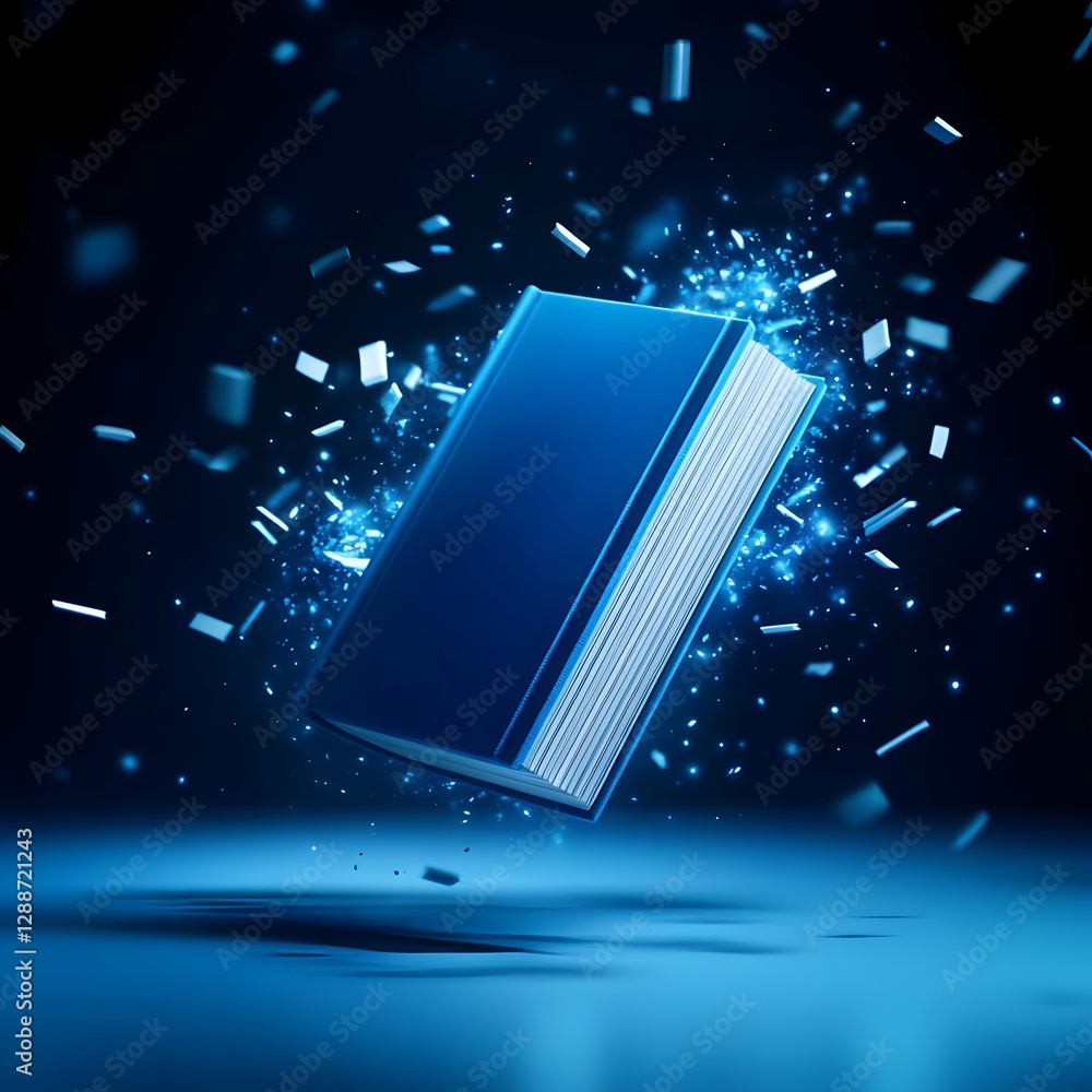 Aufkleber a blue book appears to explode with digital particles, symbolizing knowledge and creativity in a mod