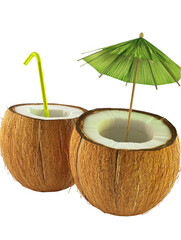 Two coconut halves with a straw and a small umbrella, set against a bright background, evoking summer vibes