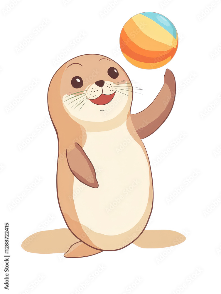 Poster cartoon otter character holding a colorful ball in its paws with a playful expression on its face is