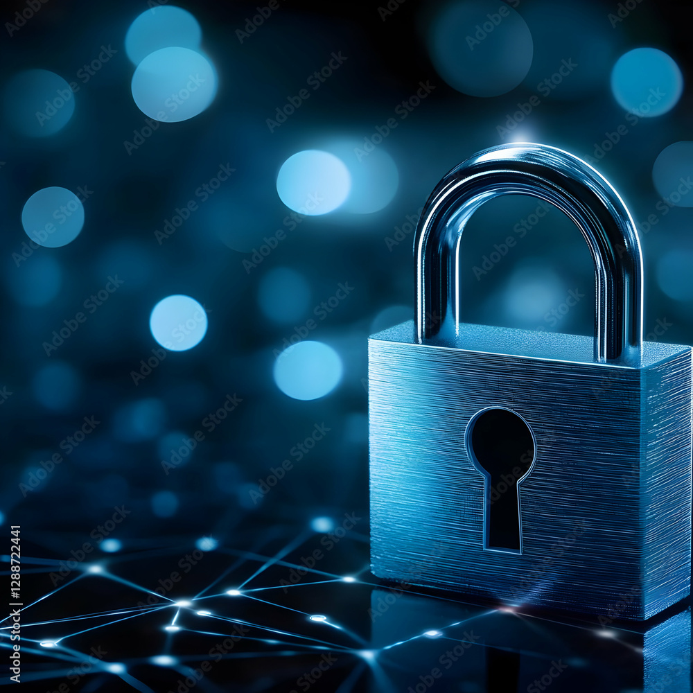 Poster a close-up image of a metallic padlock illuminated against a blue bokeh background, symbolizing secu