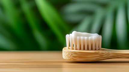 A close-up of a bamboo toothbrush with toothpaste, set against a blurred green background, promoting eco-friendly dental care.