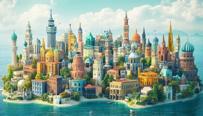 Fototapeta premium Stylized world map with colorful buildings and cultural landmarks, each country represented by unique architecture, global unity and diversity theme, ultrarealistic, 8K resolution