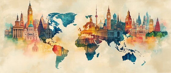Fototapeta premium Vibrant world map illustration made of architectural landmarks and colorful buildings from various cultures, representing unity, cultural diversity, highresolution, 8K UHD