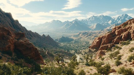 Fototapeta premium Majestic desert canyon vista; sunlit valley, snow-capped mountains background; travel, tourism