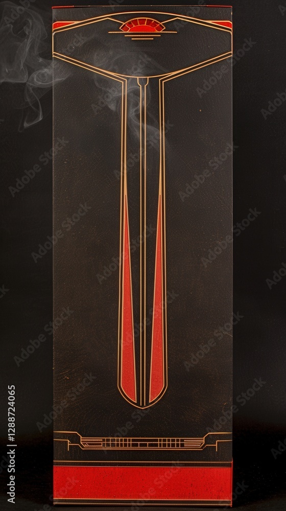 Poster a striking black and red graphic design featuring a tall, stylized object with smoke emanating from 