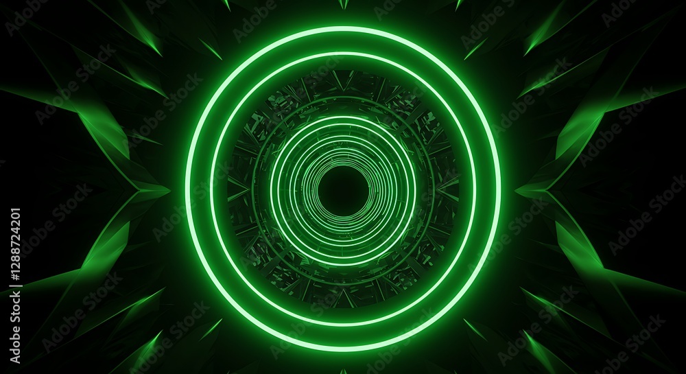 Poster a glowing green neon tunnel with geometric patterns, creating a futuristic and immersive abstract 3d