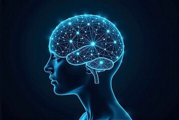 Obraz premium Human Profile Silhouette with Glowing Brain Network Representing Artificial Intelligence Technology