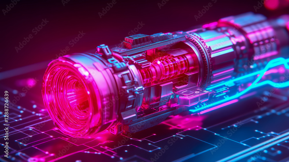 Aufkleber cyberpunk circuitry: a futuristic device illuminated with neon light, embodying technology advanceme