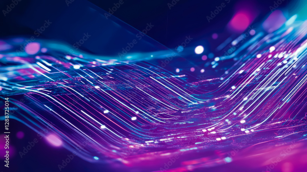 Poster concept: data stream abstract: networked data flow, lights, and energy pathways in vibrant gradient 