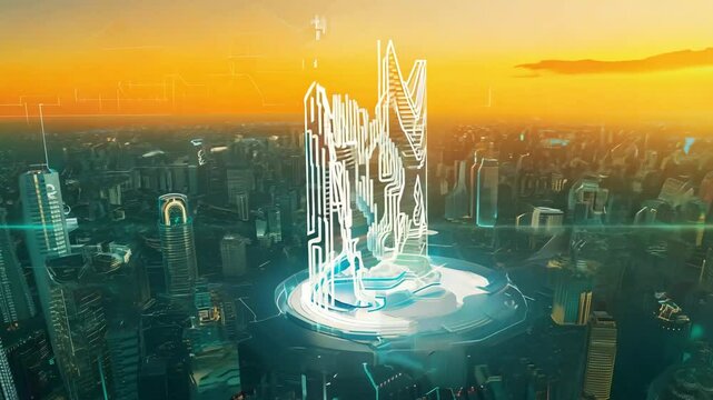 A futuristic cityscape featuring a glowing digital skyscraper with a neon outline, set against a sunset backdrop.
