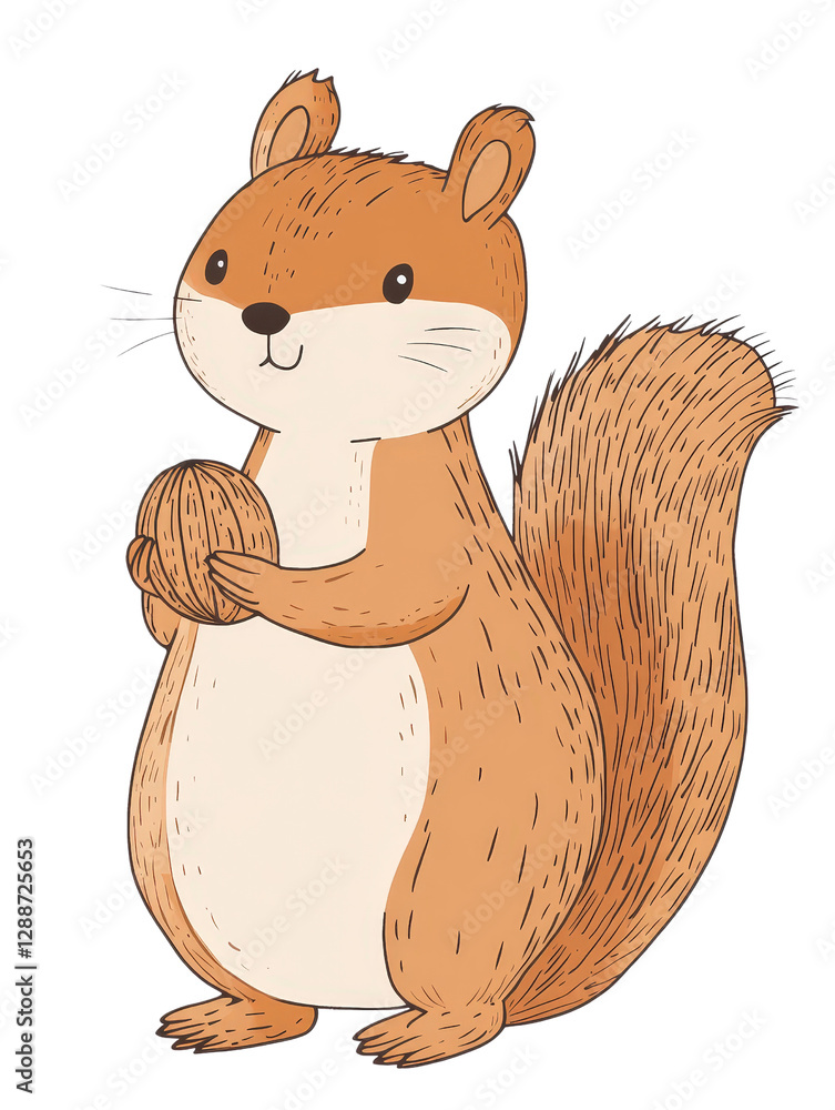 Poster cartoon squirrel holding a nut in its paws with a playful expression on its face isolated on transpa