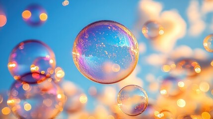Colorful soap bubbles float in the sky